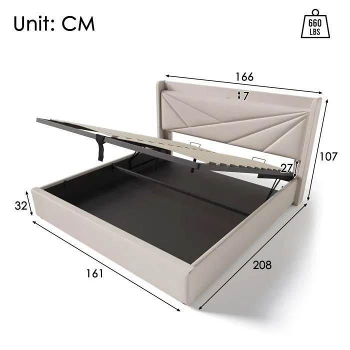 ModernLuxe Lit coffre 160x200cm - lit adulte avec port USB + sommier à lattes + tissu en lin - beige-3