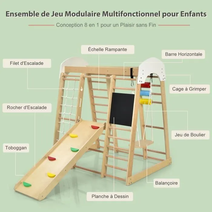 COSTWAY Cadre d'Escalade 8 en 1 pour Enfant avec Toboggan, Echelle d'Escalade, Filet d'Escalade, Planche à Dessin ect. pour 3 Ans+-2