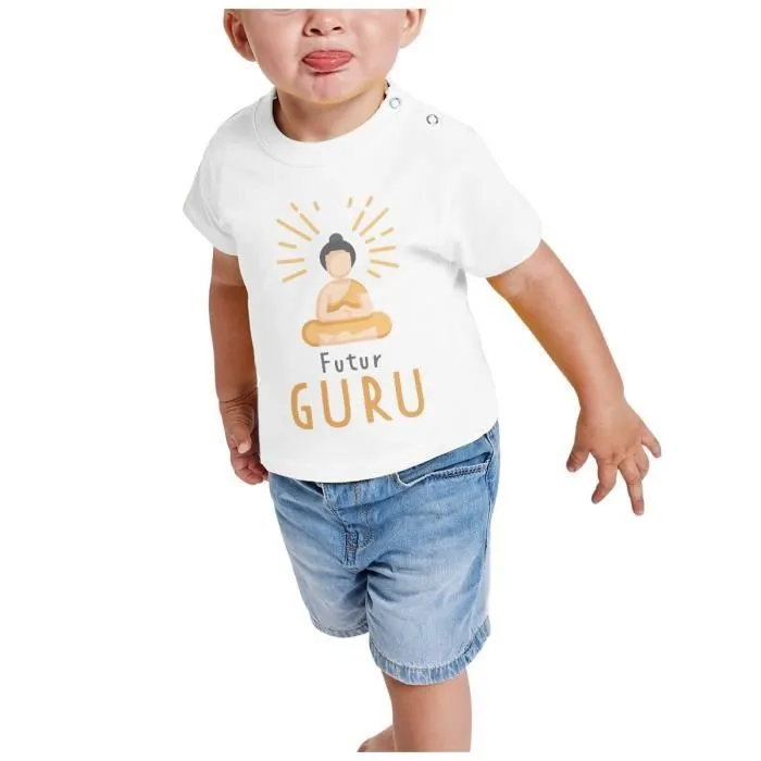 T-shirt Bébé Manche Courte Blanc Futur Guru Zen Méditation-1