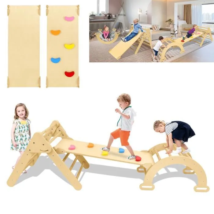 LZQ Triangle d'escalade 3 en 1 & échelle & toboggan pour enfants,Echelle d'escalade Montessori-Toboggan en bois Indoor-0