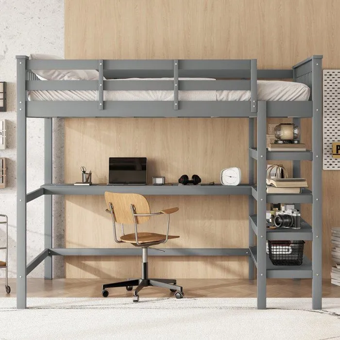 Lit mezzanine, 140 x 200, Lit haut pour enfants, Compartiment de rangement et bureau sous le lit, Pas de matelas, Gris-0