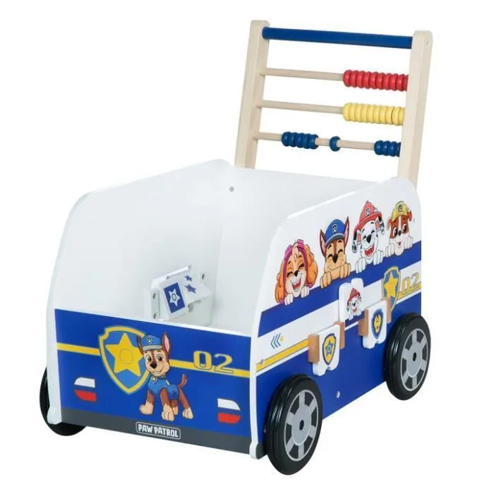 ROBA Pat Patrouille Trotteur Bébé - Bus et Chariot Enfant - Horloge Boulier et Éléments à Tourner - Motif Chiens - Bois Bleu - Blanc-0