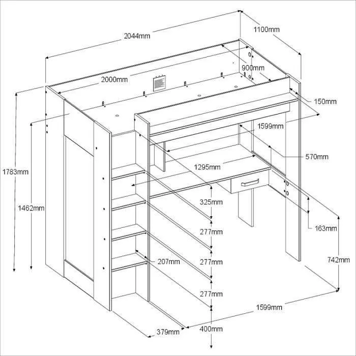 Lit combiné mezzanine enfant PARISOT HIGH - Chêne et gris - Sommier inclus - 90 x 200 cm-3