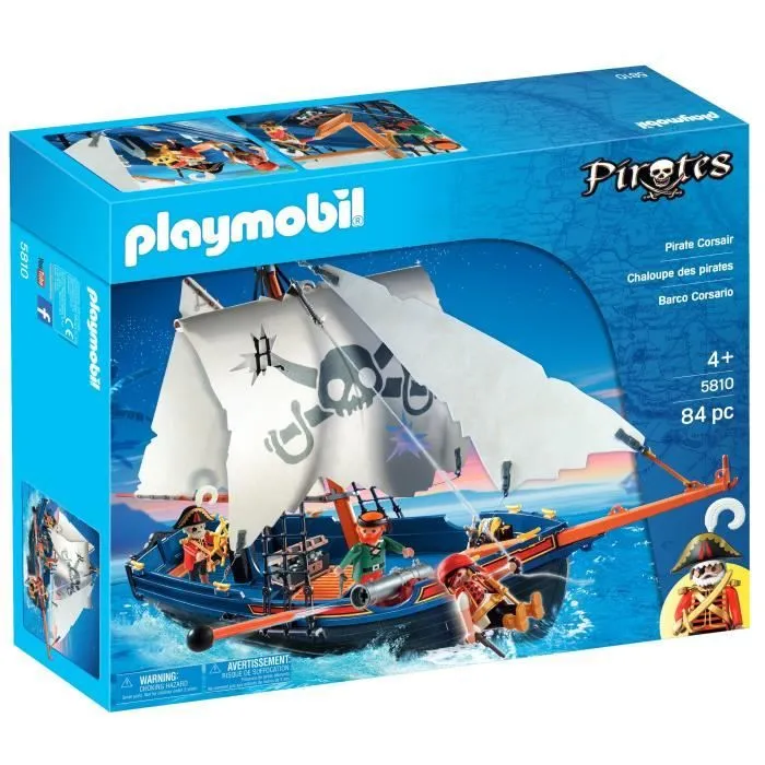 PLAYMOBIL 5810 Chaloupe des pirates, avec canon, Flotte dans l'eau, 3 personnages, 84 pièces, Les pirates, Dès 4 ans-0