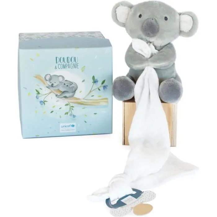 Doudou et Compagnie -UNICEF PANTIN AVEC DOUDOU attache-sucette – Koala - 12 cm - Gris - Boite cadeau- DC3747-0