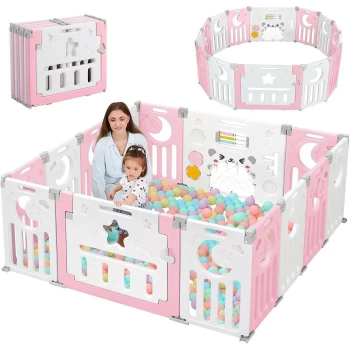 Parc Bébé Pliable, Parc Bebe Modulable Plastique 150×150cm, Parc Bebe avec Porte, Parcs Enfant XL avec Panneau d'activité, Rose-0