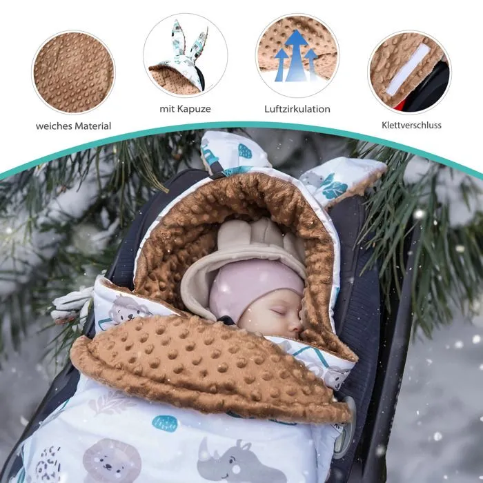 Couverture enveloppante siège bébé hiver 80x87 cm - nid d'ange bébé chancelière pour voiture sac d'hiver coton Minky Brun d'afrique-1