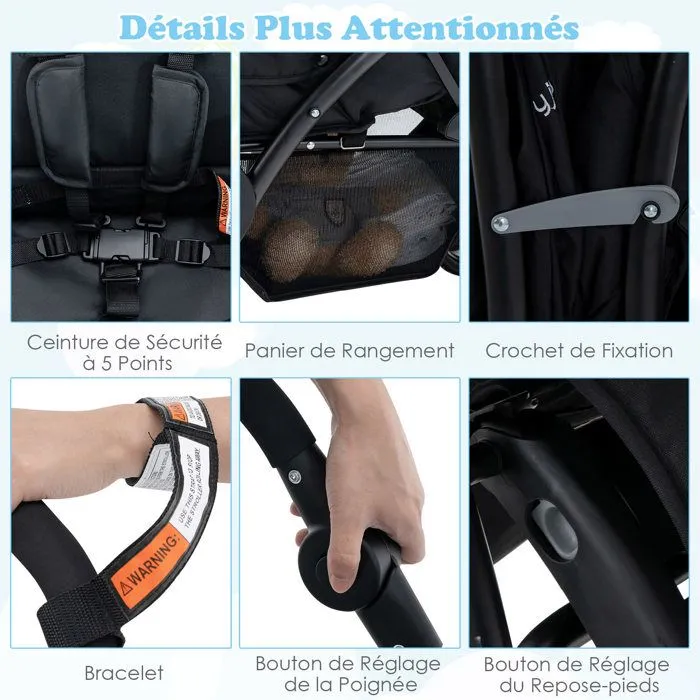 COSTWAY Poussette Jumelle Pliable Double Bébé Auvent Capote Réglable Canne Landau 4 Roues Anti-chocs Harnais à 5 Points-30kg-Noir-3