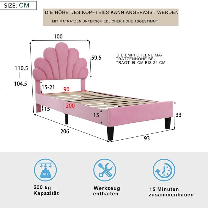 Lit capitonné - Non spécifié - 90x200cm - Tête de lit réglable - Velours rose - 1 place-4