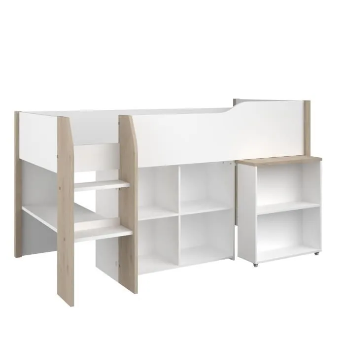 Lit combiné enfant avec bureau rétractable - PARISOT - LIAM - Blanc et chêne - Sommier inclus - 90x200 cm-2