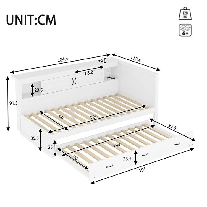Lit gigogne - Bois Blanc - 90x200cm + 90x190cm - Avec rangement - LED et USB intégrés-3
