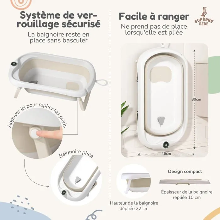 Baignoire bébé pliable - Thermomètre et transat inclus - LEAF - Beige | SUPERBE BEBE-2