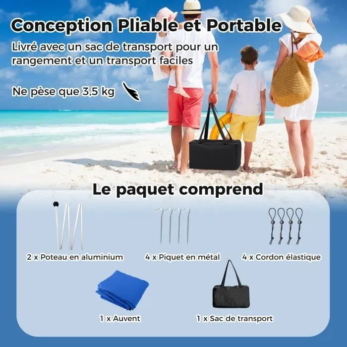 COSTWAY Tente de Plage 4 Personnes 3 x 3M-Anti UV UPF50+-Sac de Transport Portable-4 Sacs pour Sable-Piquets de Sol-2 Poteaux-Bleu-3
