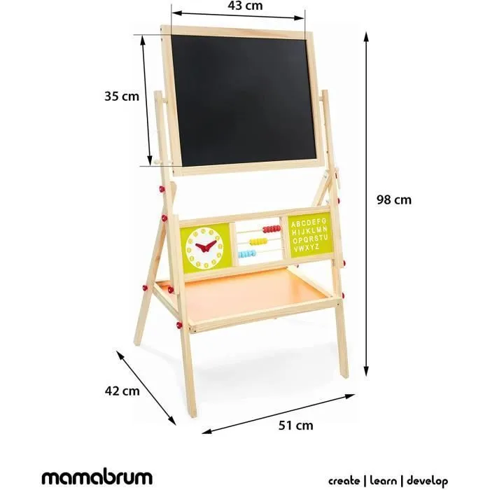 Mamabrum Tableau Enfant en Bois 98 x 45 x 42 cm Face Magnétique avec Marqueur + Tableau Noir à Craie - Horloge et Boulier - Chevalet-2