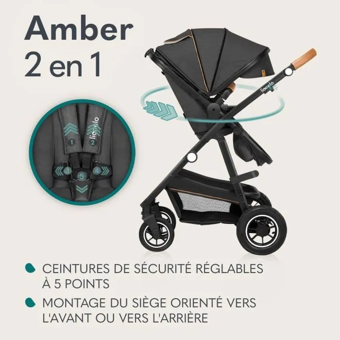 Poussette bébé 2en1 LIONELO Amber - Jusqu'à 22Kg - Inclu nacelle, cosy, sac et accessoires - Noir-1