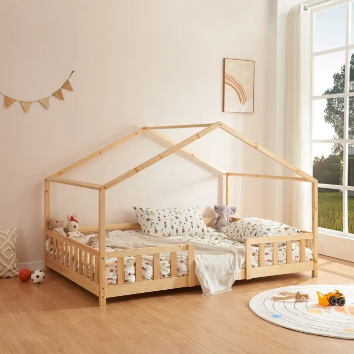 Lit d'Enfant Forme Maison avec Grille de Protection Treviolo 200 x 140 cm Naturel-0