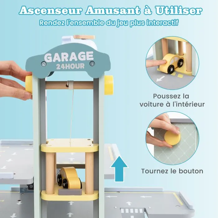 COSTWAY Jeu de Garage en Bois pour Enfant à 3 Niveaux avec 7 Accessoirs - 4 Petites Voitures, Hélicoptère, 50 x 40 x 47 cm-1