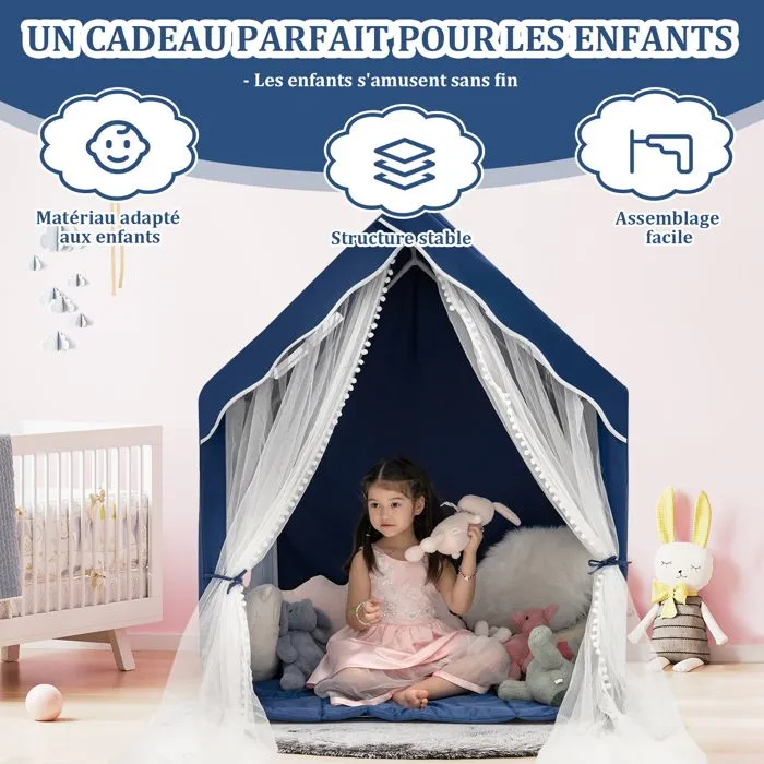 COSTWAY Tente de Jeux pour Enfants Intérieur, Cabane avec Fenêtres en Maille Respirante pour Enfants plus de 1 Ans Bleu-4