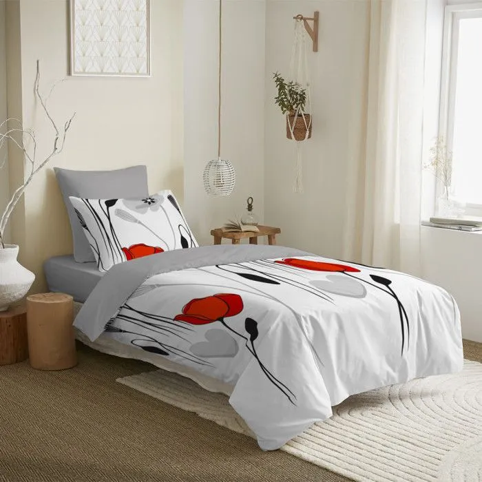 Pack complet housse de couette - Coquelicot - 140 x 200 cm - 100% coton - Réversible - Lavable en machine-0