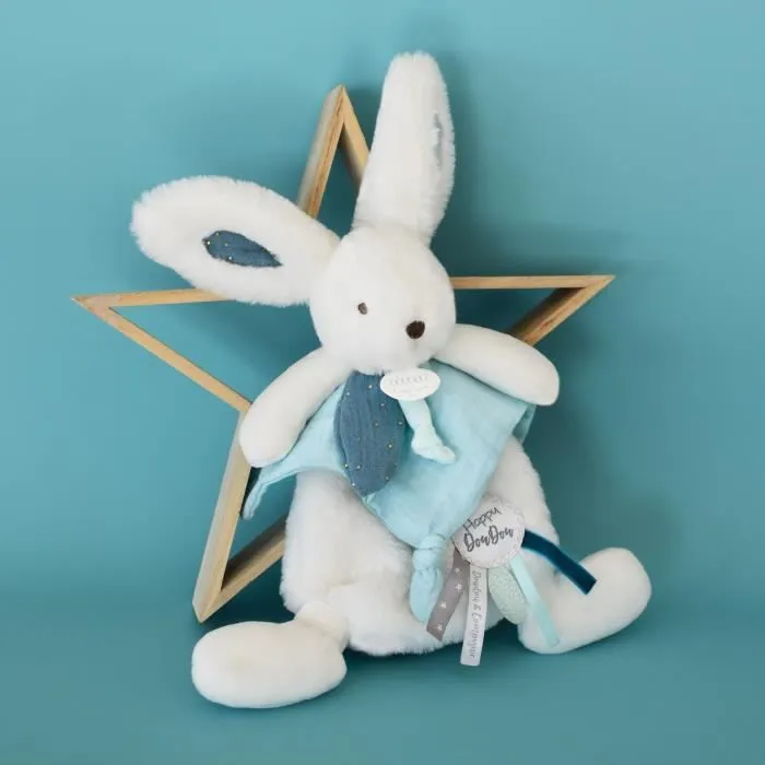 Doudou et Compagnie - Doudou Lapin -25 cm - Blanc/Bleu Paon - Lapin Pompon Paon - Idée Cadeau - Happy Pop - Happy Doudou To You-3