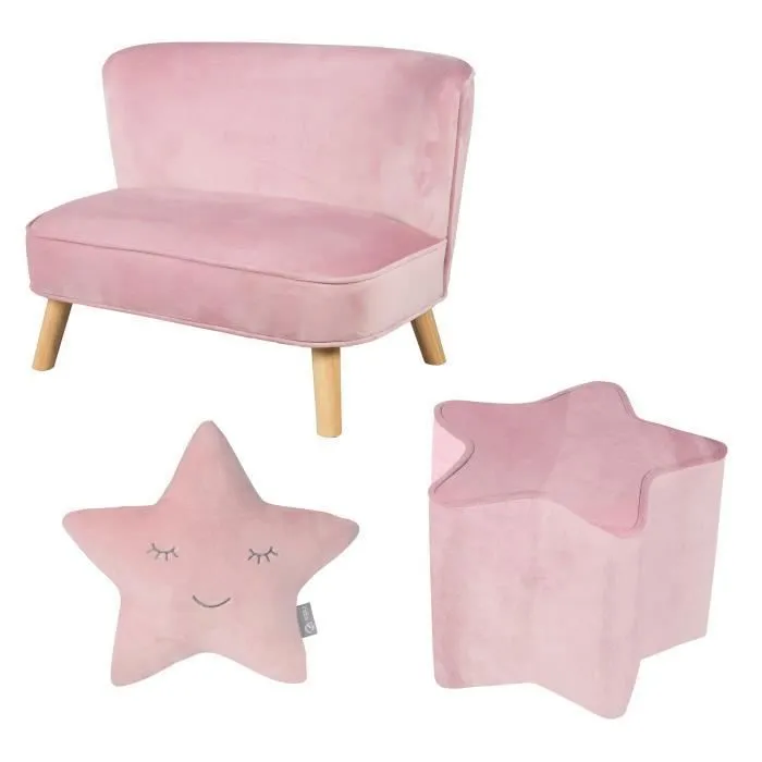 ROBA Canapé et Pouf Enfant Lil Sofa + Coussin Décoratif Étoile - Ensemble en Velours - Rose/mauve-0