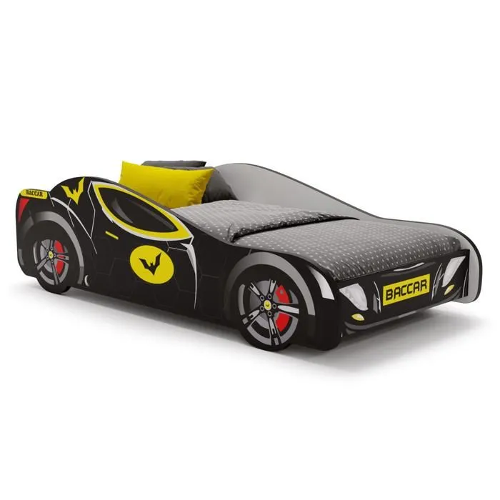 Lit Complet Enfant Lit voiture de course pour enfants - BATCAR - 80 x 160 cm - Noir - Avec Sommier et Matelas-1