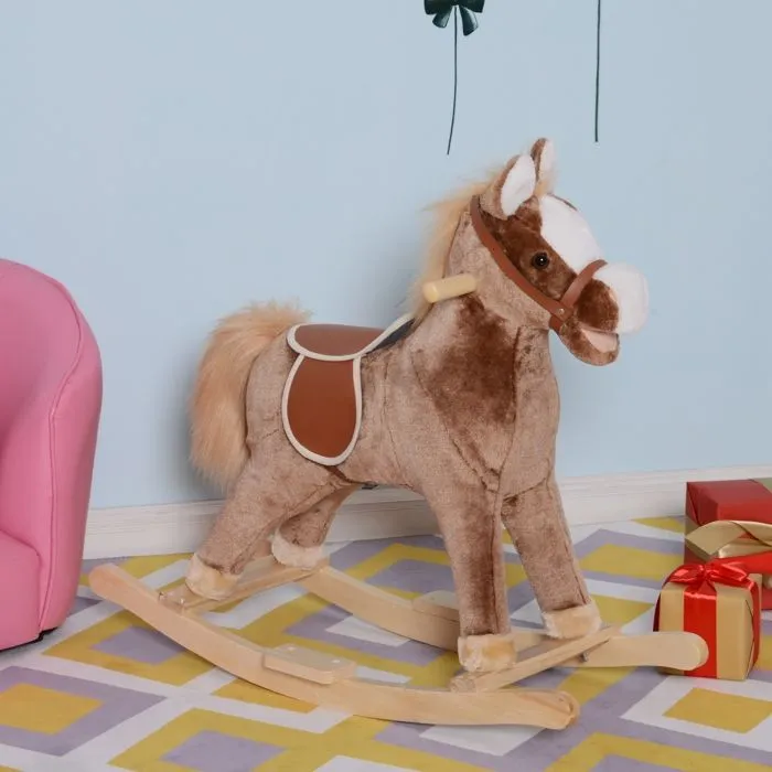 Cheval à bascule cheval de cowboy selle grand confort peluche courte douce bois peuplier brun blanc-2