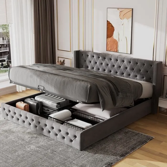 Lit coffre adulte 180 x 200 cm avec sommier, Coffre de rangement, Tissu en flanelle, Finition avec boutons, Style Scandinave, Gris-0