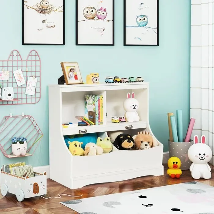 COSTWAY Meuble de Rangement à Jouet pour Enfant, Inclus 4 Compartiments de Rangement, Avec Coin Arrondis et Surface Lisse Blanc-0