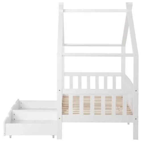 Lit cabane pour enfant - LIBERTÉ - 200x90 cm - Bois massif - 2 tiroirs - Blanc-2
