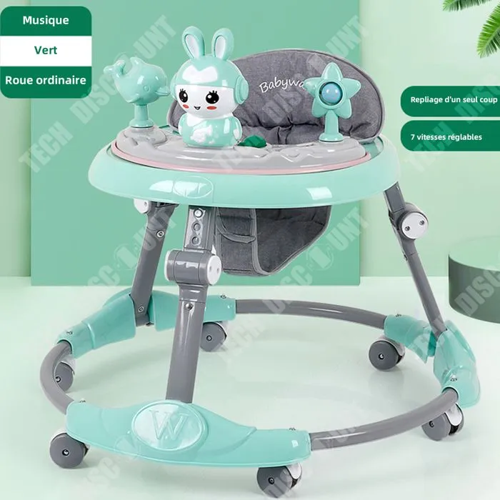 TD Trotteur 3-en-1 pliable réglable avec roues silencieuses à 360° et poignée et plateau d'activités musical amovible trotteur verte-3