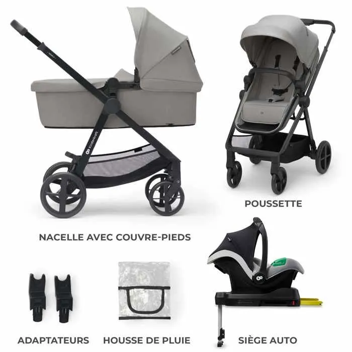 Poussette 4 en 1 Combinée - KINDERKRAFT NEWLY - avec Siège auto e base I-size - Système de voyage - Légère 7,5 kg - Plie - Gris-1