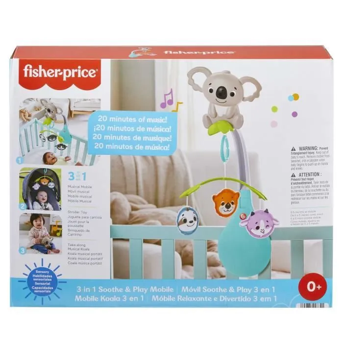 Fisher-Price Mobile Animaux 3 en 1 pour berceaux et poussettes avec jouet transportable pour les bébés dès la naissance, HGB90 HGB90-4