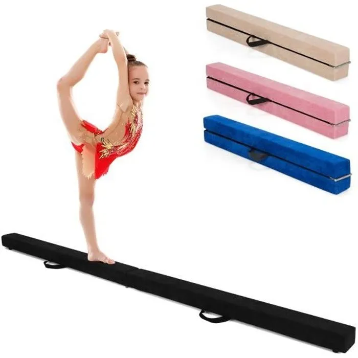 COSTWAY Poutre de Gymnastique Pliable 210cm pour Enfants avec Poignées de Transport 4 Patins Antidérapants Couverture en Daim Noir-0