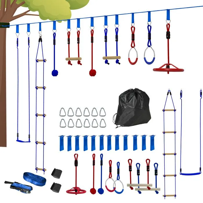 Parcours d'obstacles ninja pour enfants - AIYAPLAY - 10 accessoires - 10 m slackline et sac de transport - bleu-0
