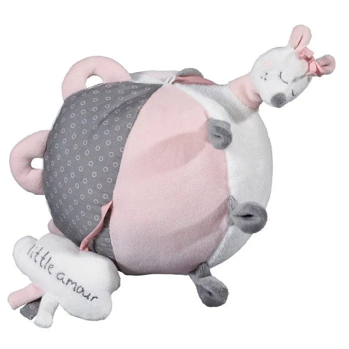 Jouet d'éveil pour bébé - SAUTHON - Balle en velours Rose - Diamètre 18cm - Personnages en relief et grelot-0