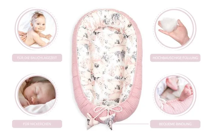 Réducteur Lit Bébé 90 x 50 cm - Cocon fait à la main des deux côtés en coton Coton Piqué Rose Gaufré et Motif Roses-1