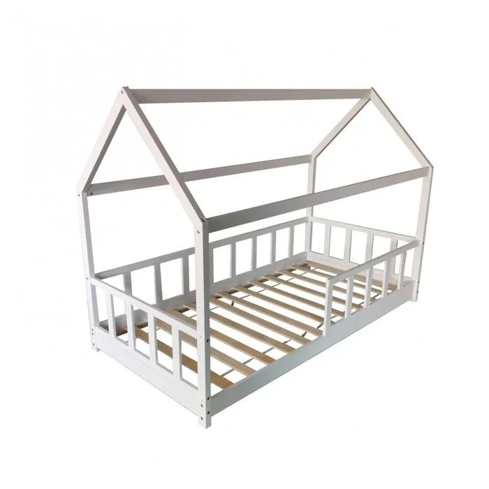Lit cabane Kiwi 90x190 + 1 sommier + barrière /Blanc-1