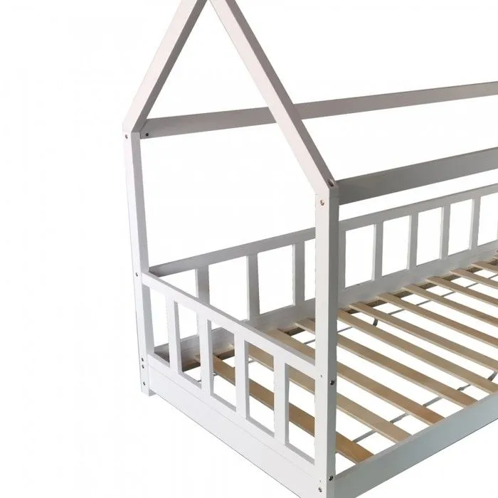 Lit cabane Kiwi 90x190 + 1 sommier + barrière /Blanc-2