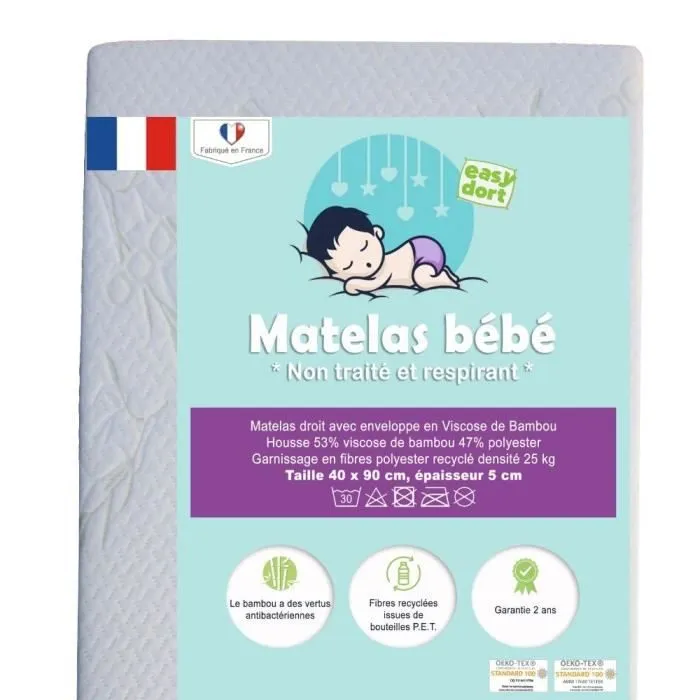 Matelas bébé en Bambou pour berceau 40x90 cm - EASY DORT - Densité 25kg - Taille 40x90 cm - épaisseur 5 cm-0