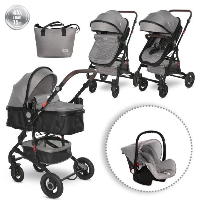 NANIA Poussette Giulia - Nacelle + Siège auto BEONE 0+ - Sac à langer +  Habillage pluie - Dès la naissance - Jusqu'à 15kg - Gris