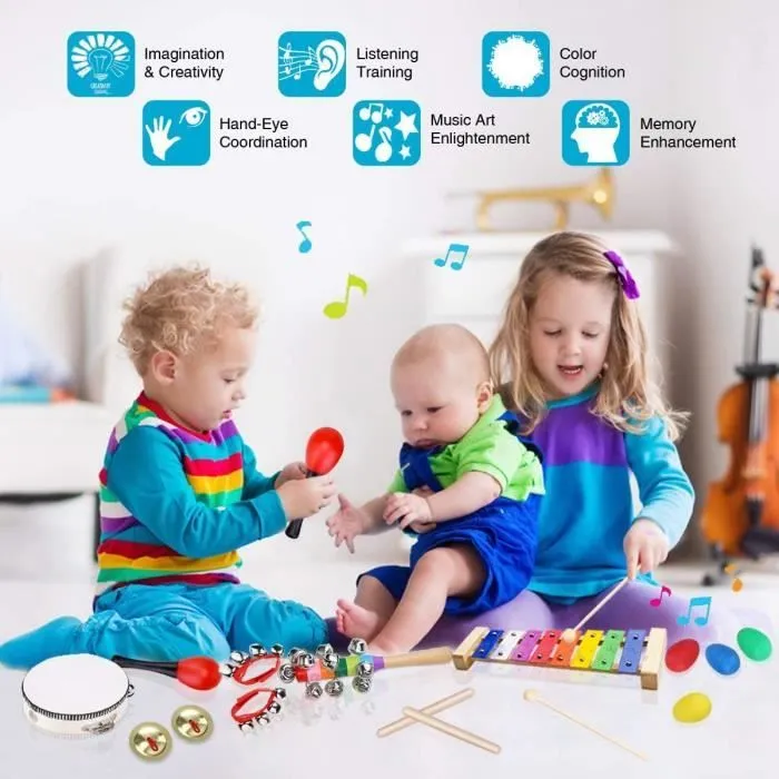 NetBoat Instrument de Musique pour Enfant, 25 Pièces Instruments de Musique en Bois Percussion pour Bébé avec Xylophone,Tambourin-1