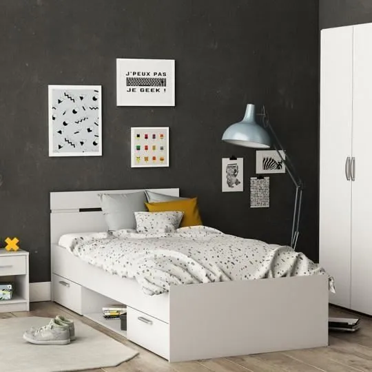 Lit - Michigan - 90x200cm - Blanc perle - 2 tiroirs et 1 niche-1