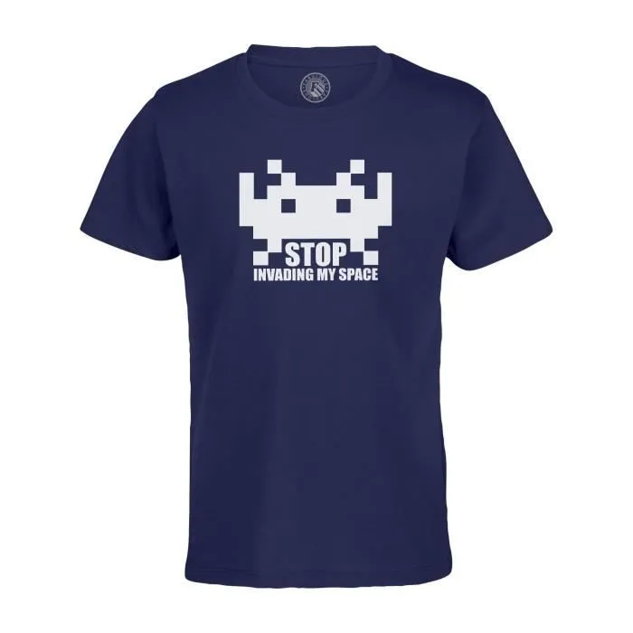 T-shirt Enfant Bleu Stop Invading My Space Parodie Jeux Video Retro Gaming Arcade-0