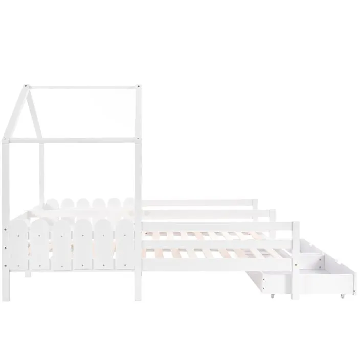 Lit Enfant 2 Places, Lit Double - avec 2 Tiroirs , Sommier à lattes- 90x200 cm- Blanc-3