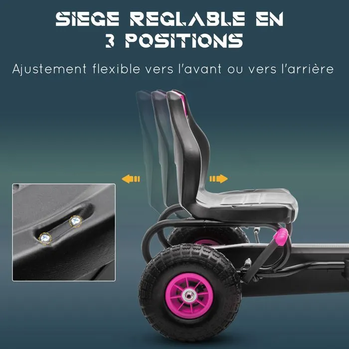 Kart à pédales pour enfant HOMCOM Go-kart siège réglable 3 positions frein à main pneus antidérapant enfant de 5 à 12 ans rose noir-4