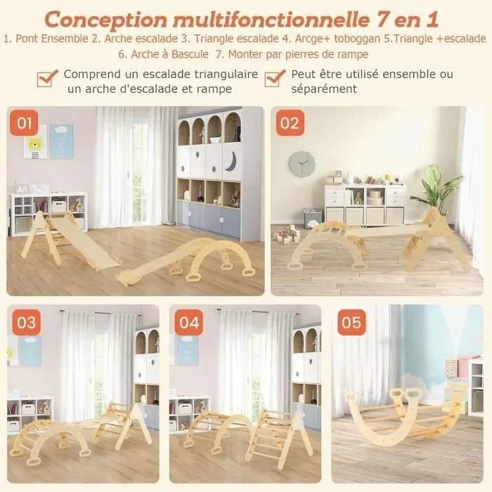 7 en 1 Triangle d'Escalade COSTWAY avec Toboggan/Arche/Rampe - Échelle Réglable, Charge 50KG, pour Bébé 1 Ans+ Naturel-1