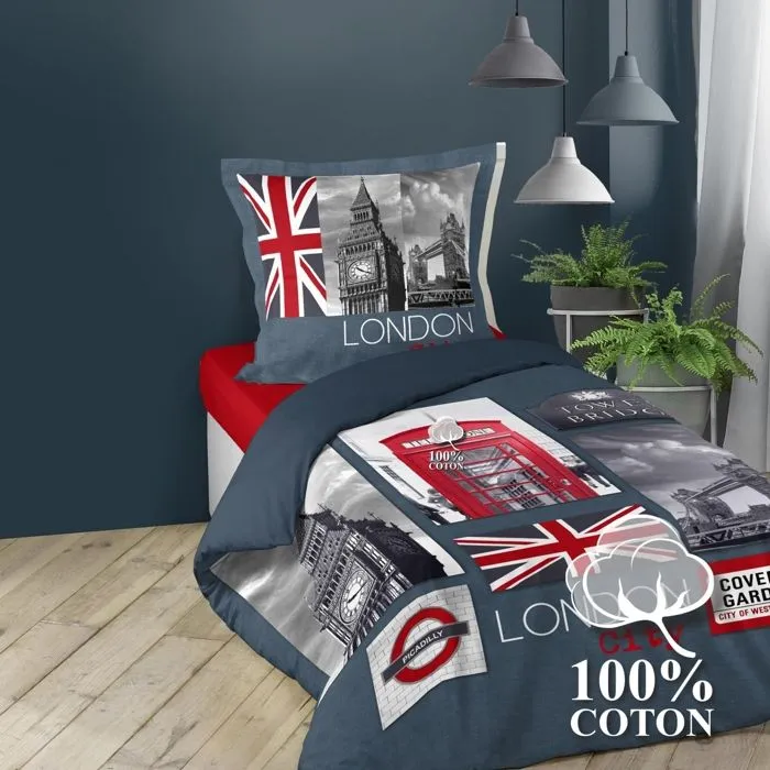 Housse de couette enfant 140 x 200 cm coton + 1 taie Londres Big ben-0