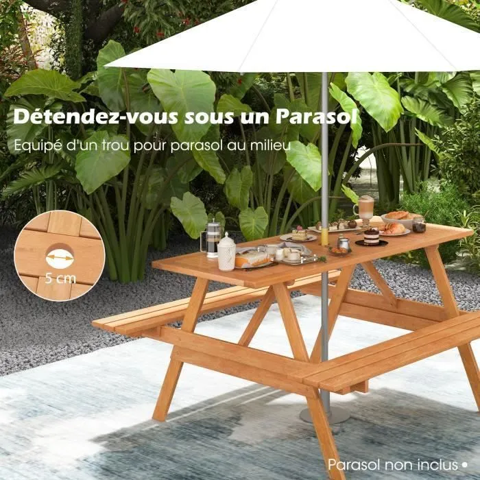 COSTWAY Ensemble Table de Pique-Nique et 2 Bancs, 6 Personnes, en Bois, Trou pour Parasol, Conception à Lattes, Charge Total 230 KG-1