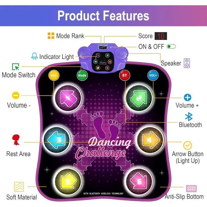 Tapis de Danse Lumineux pour Enfants Filles avec Bluetooth et 5 Modes de Jeu - Noir-1